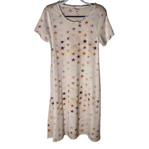 LuLaRoe Dress, Ivory with Purple & Gold Stars, Short Sleeve, Size Small